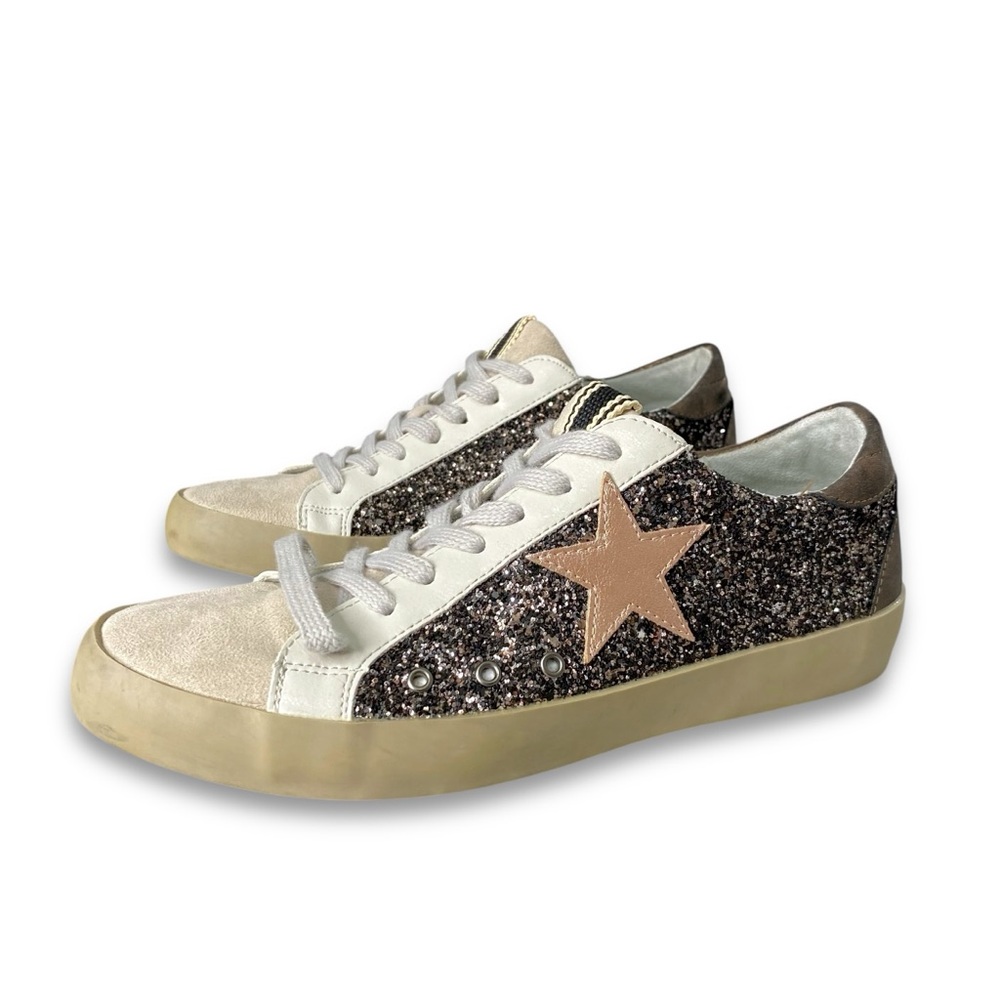 SHU SHOP PAMELA Gold Black Glitter Casual Star Sneakers Womens 8 - Picture 3 of 11